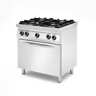 Plynový sporák se 4 hořáky na třístranném uzavřeném podstavci s plynovou troubou nebo konvektomatem, HENDI, GN 1/1, Stříbrná, 230V/23000W, 19kW, 800x700x(H)900mm