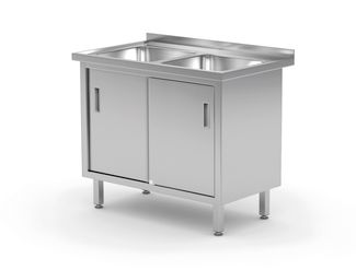 Tisch mit 2 Spülbecken, Schrank – verschweißt, mit Schiebetüren, HENDI, Profi Line, 1000x600x(H)850mm