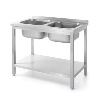 Tavolo con 2 lavelli e mensola, imbullonato, HENDI, Kitchen Line, due lavelli, 1000x600x(H)850mm 1