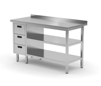 Stół przyścienny szafka z trzema szufladami i dwiema półkami - szuflady po lewej stronie, HENDI, 800x600x(H)850mm