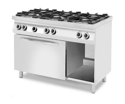 Kuchnia gazowa 6-palnikowa na podstawie z trzech stron zamkniętej, z piekarnikiem gazowym lub konwekcyjnym, HENDI, GN 1/1, srebrny, 230V/32500W, 1200x700x(H)900mm