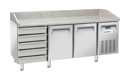Stół chłodniczy do pizzy 2-drzwiowy z 5 szufladami i blatem granitowym, Arktic, 362L, srebrny, 220-240V/210W, 2025x800x(H)1040mm