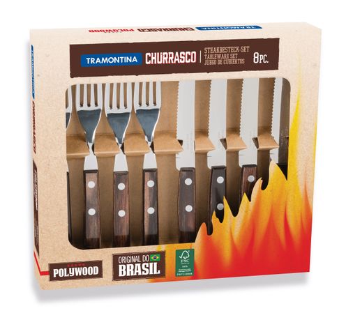 Sada príborov Churrasco na steaky/pizzu, darčekové balenie – 8 ks, Tramontina, Hnedá, 8 ks