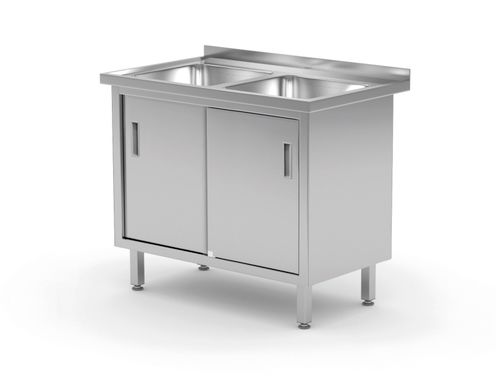 Tisch mit 2 Spülbecken, Schrank – verschweißt, mit Schiebetüren, HENDI, Profi Line, 1000x600x(H)850mm