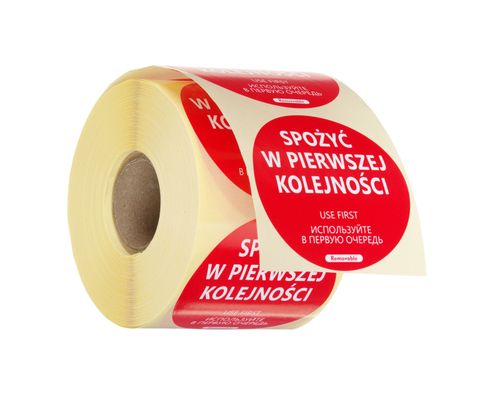 Nálepka pro opakované použití v oblasti bezpečnosti potravin – „POUŽIJTE NEJPRVE“, HENDI, Červená, 500 ks, ⌀50mm