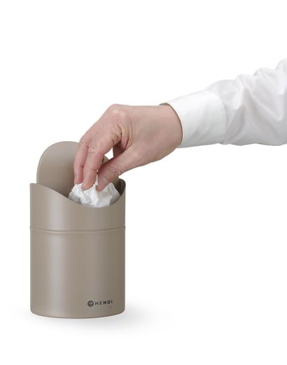 Tabletop litter bin with swing cover, HENDI, 1,2L, Beige, ⌀120x(H)165mm 1