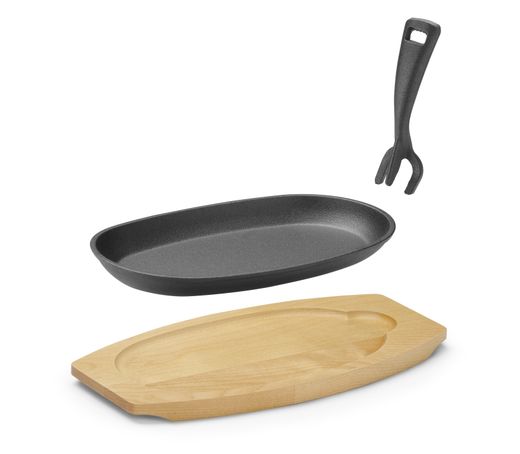 Cast iron platter with wooden underliner and gripper, HENDI, Black, 280x143x(H)33mm, Oval 1