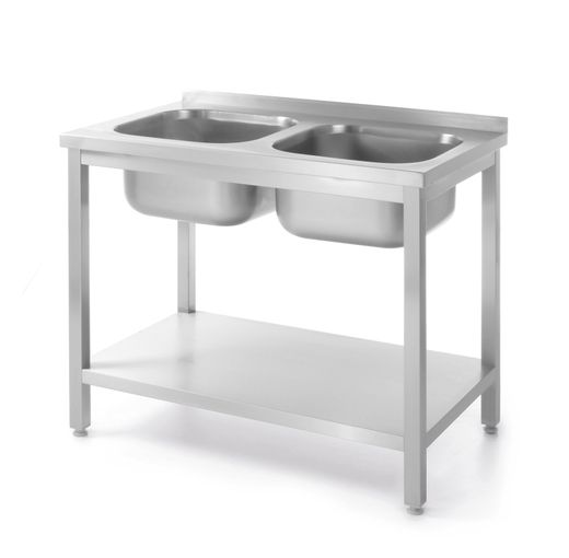 Tavolo con 2 lavelli e mensola, imbullonato, HENDI, Kitchen Line, due lavelli, 1000x600x(H)850mm 1