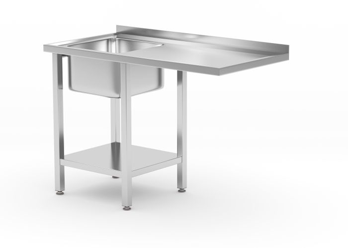 Mesa com lavatório, com espaço para máquina de lavar loiça e prateleira