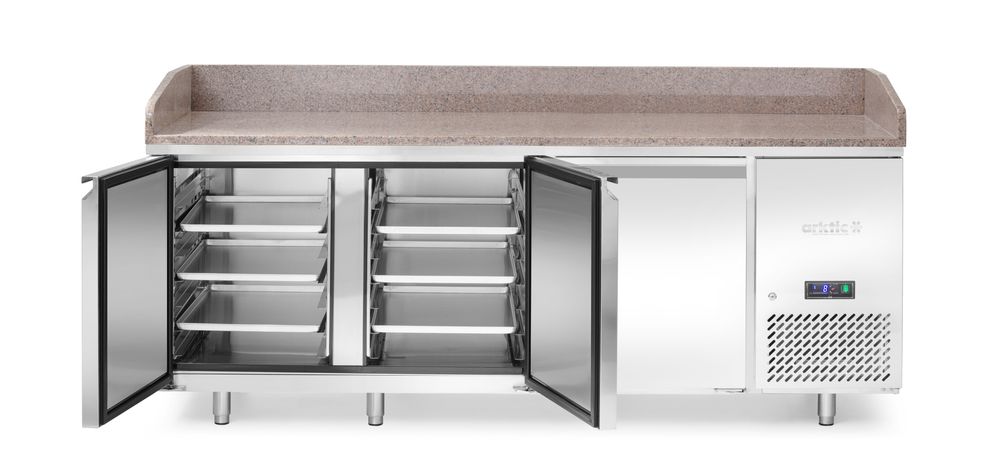 Pizzakoelwerkbank met granieten werkblad, 3-deurs