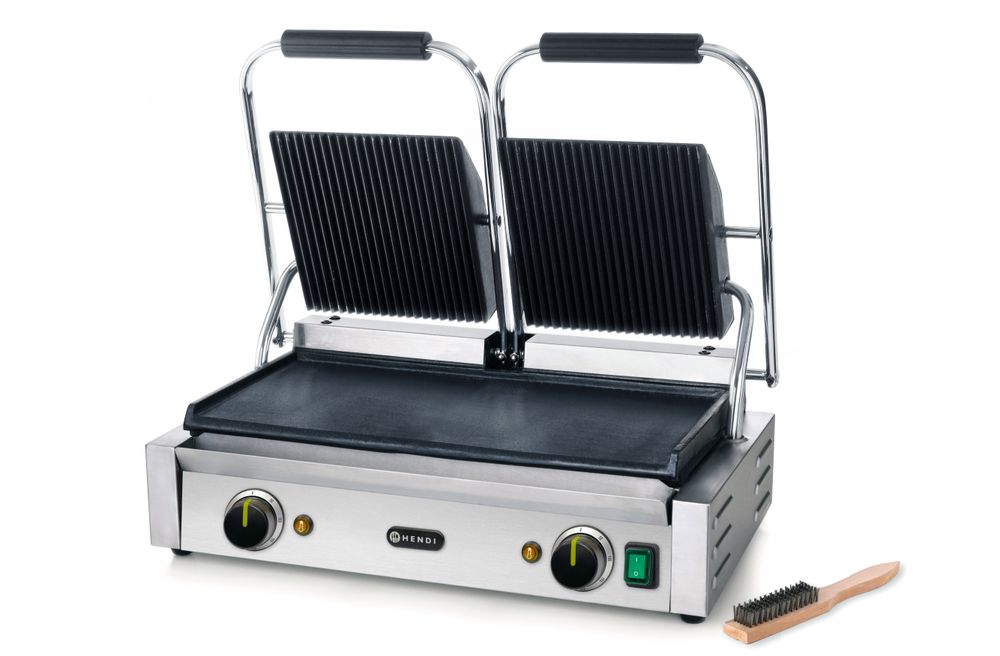 Grill de contact - modèle double, HENDI, dessus rainuré et dessous lisse, 230V/3600W, 570x395x(H)510mm