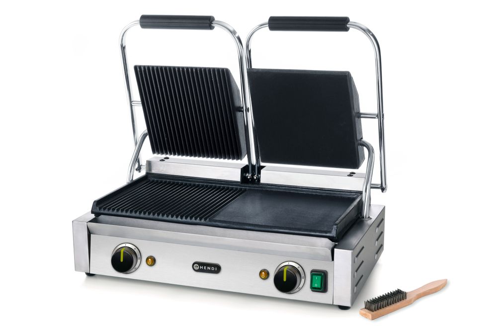 Grill de contact - modèle double, HENDI, moitié lisse, moitié rainuré, 230V/3600W, 575x430x(H)510mm