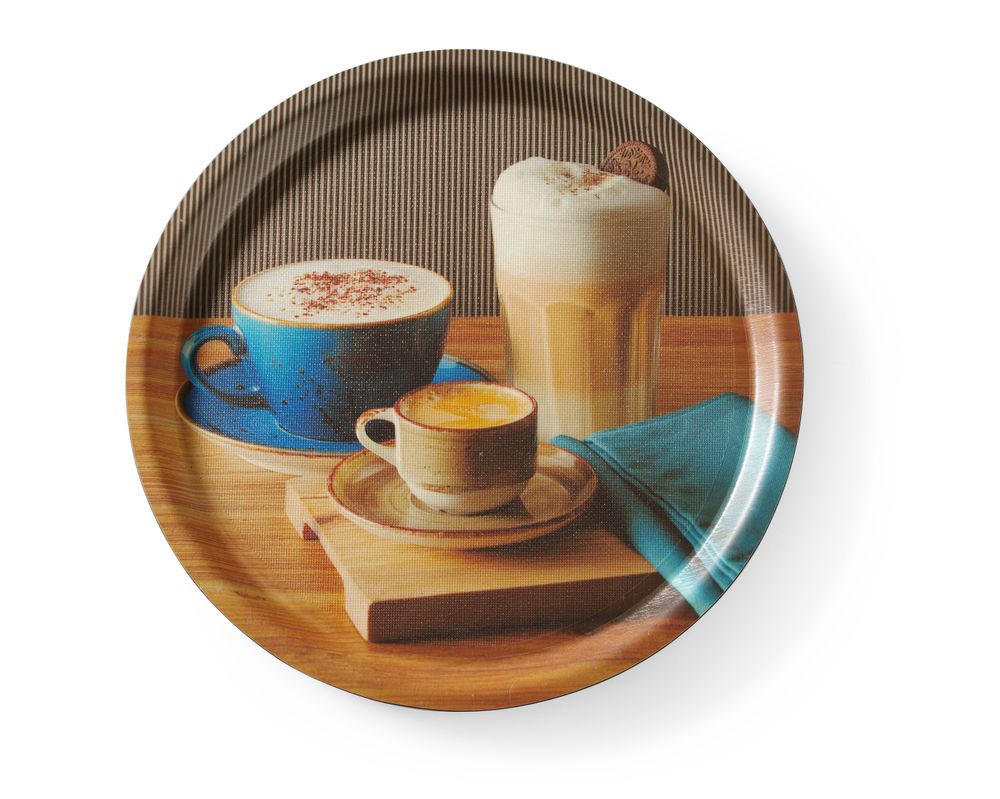 Non-slip serving tray, printed, HENDI, print – coffee, ø380x(H)15mm