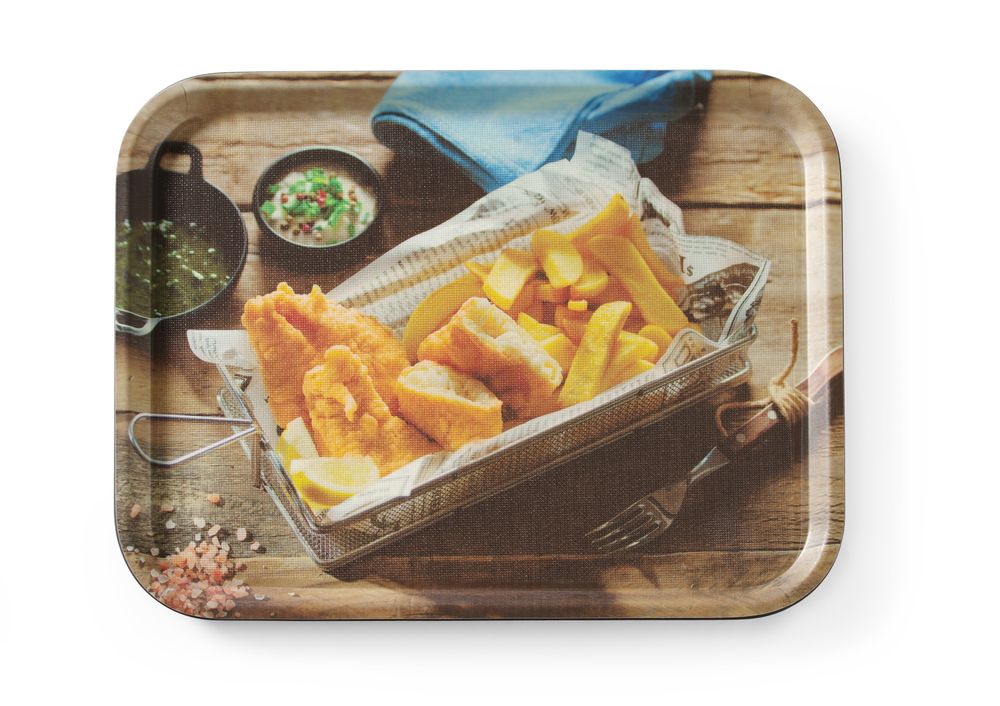 Non-slip serving tray, printed, HENDI, fish & chips, 330x430mm
