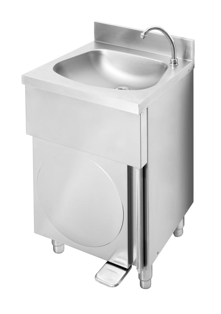 Contactless washbasin, free-standing on a cupboard, trapezoid basin, Monolith