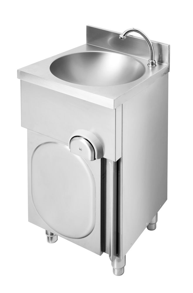 Contactless washbasin, free-standing on a cupboard, round basin, Monolith