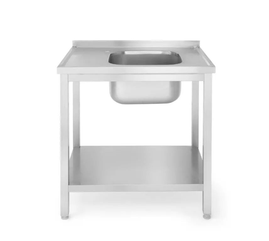 Stůl s umyvadlem s 1 mísou a policí - přišroubovaný, hloubka 600 mm, HENDI, Kitchen Line, Pravá strana, 800x600x(H)850mm