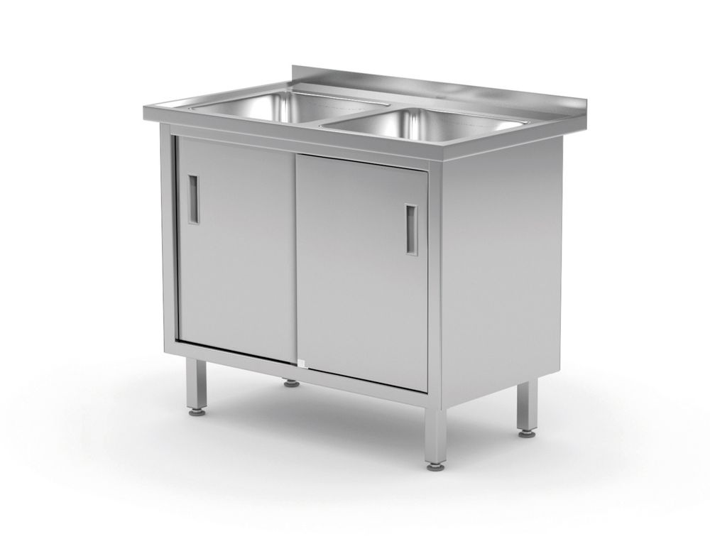 Tafel met 2 spoelbakken, kast – gelast, met schuifdeuren