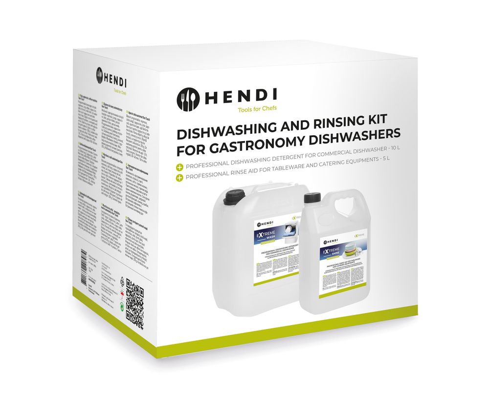 Extreme Wash & Shine professionaalne nõudepesu - ja loputusvahendi komplekt tööstuslike nõudepesumasinate jaoks (975053 + 975022), HENDI